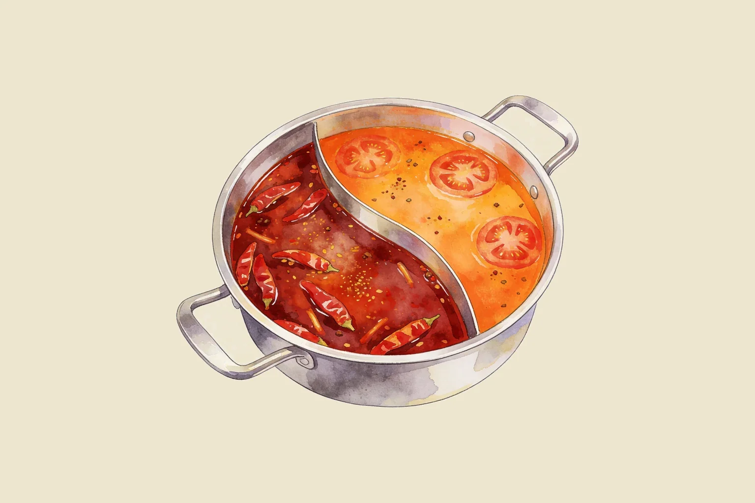Illustration of a divided Chinese hot pot with a spicy red broth and a tomato broth