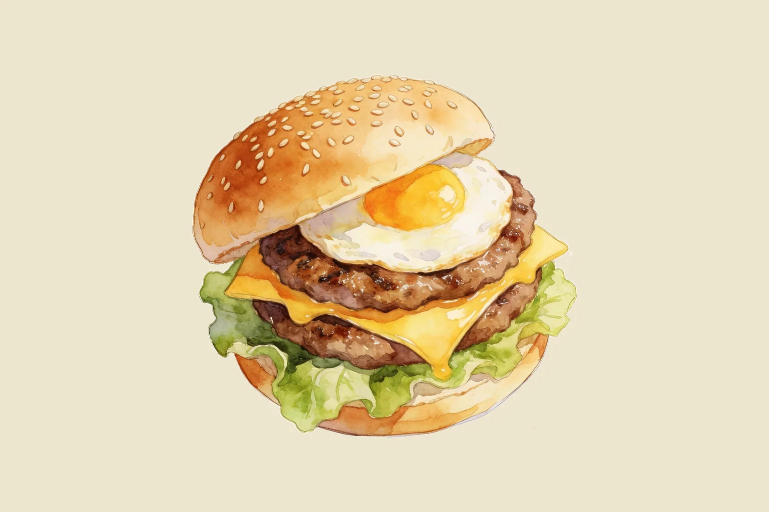 Illustration of a double beef burger with fried egg, cheese and lettuce