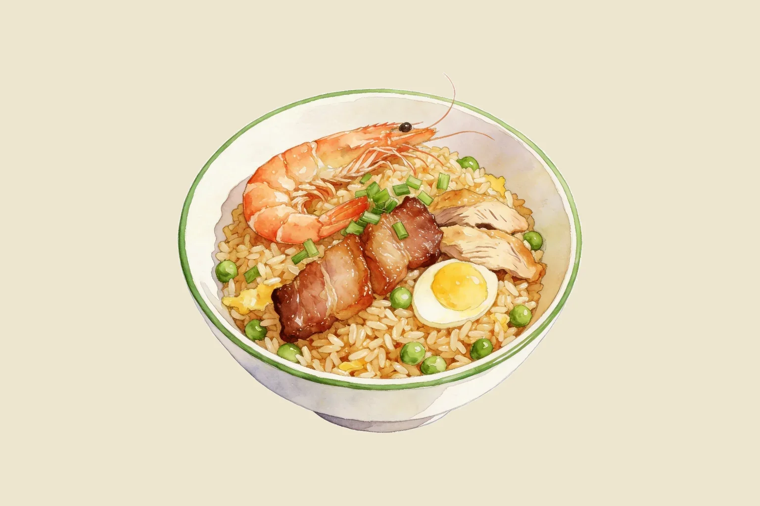 Illustration of a bowl of Cantonese fried rice with prawns, glazed pork and egg
