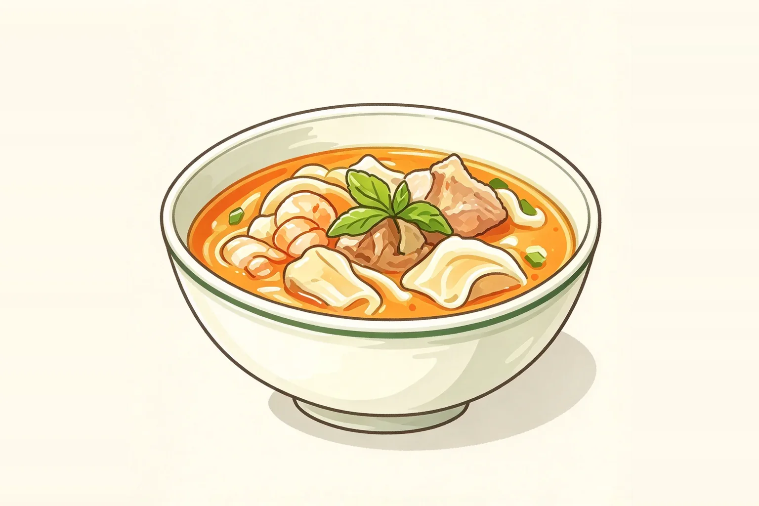 Illustration of a prawn and dumpling soup
