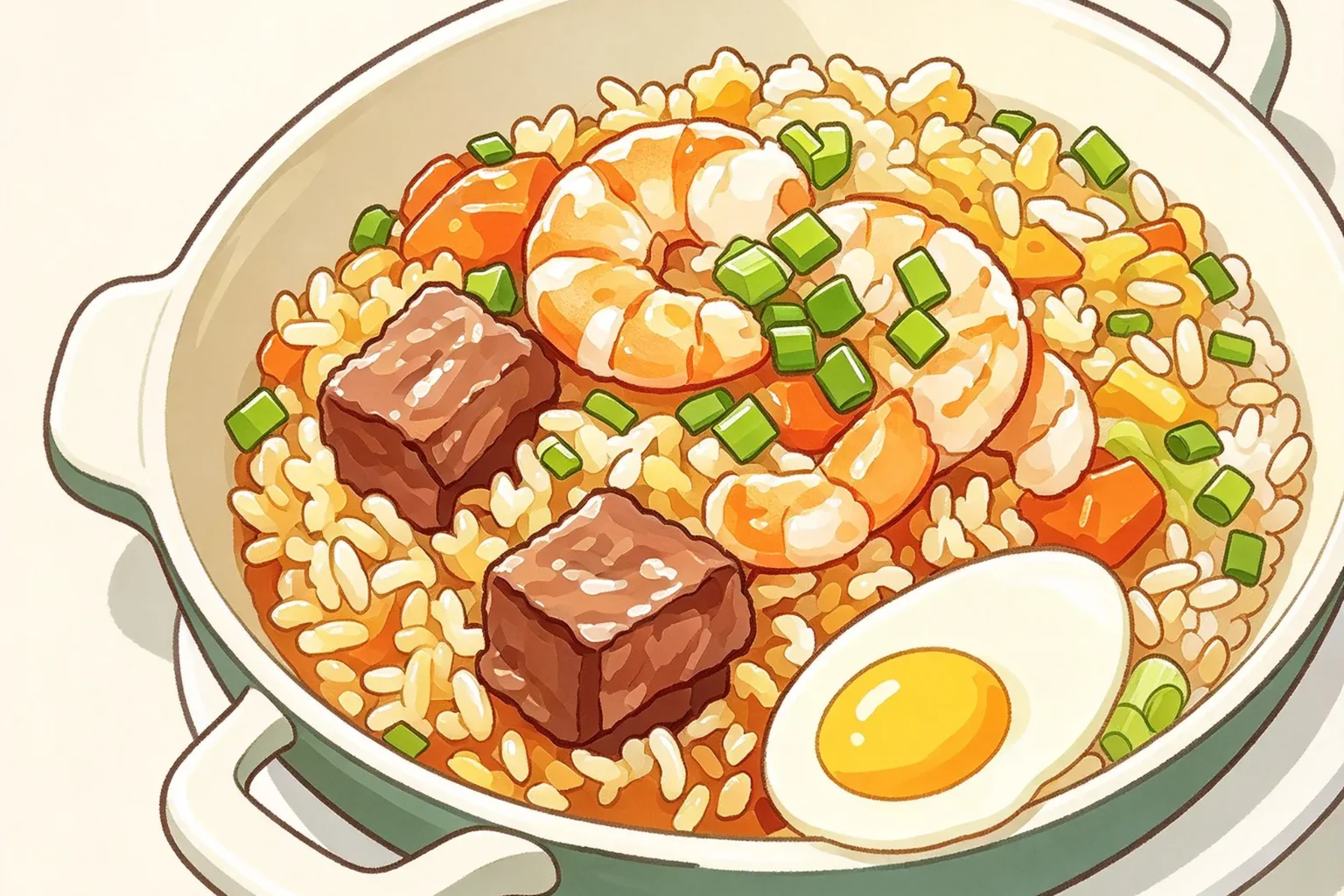 Illustration of fried rice with prawns, beef and egg