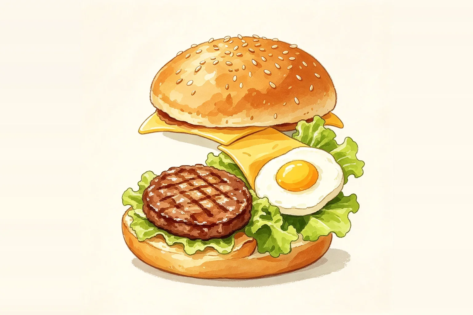 Illustration of a beef, egg and cheese burger