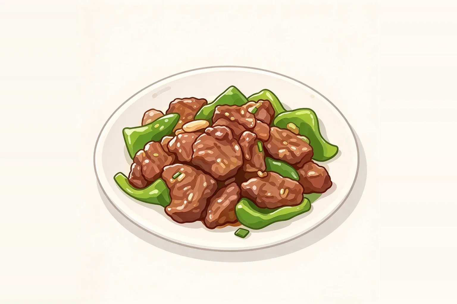 Illustration of stir-fried beef with green pepper